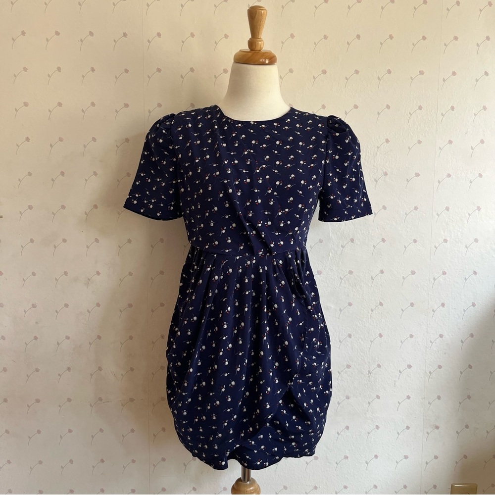 Stylenanda vintage Korean navy blue pattern mini dress
